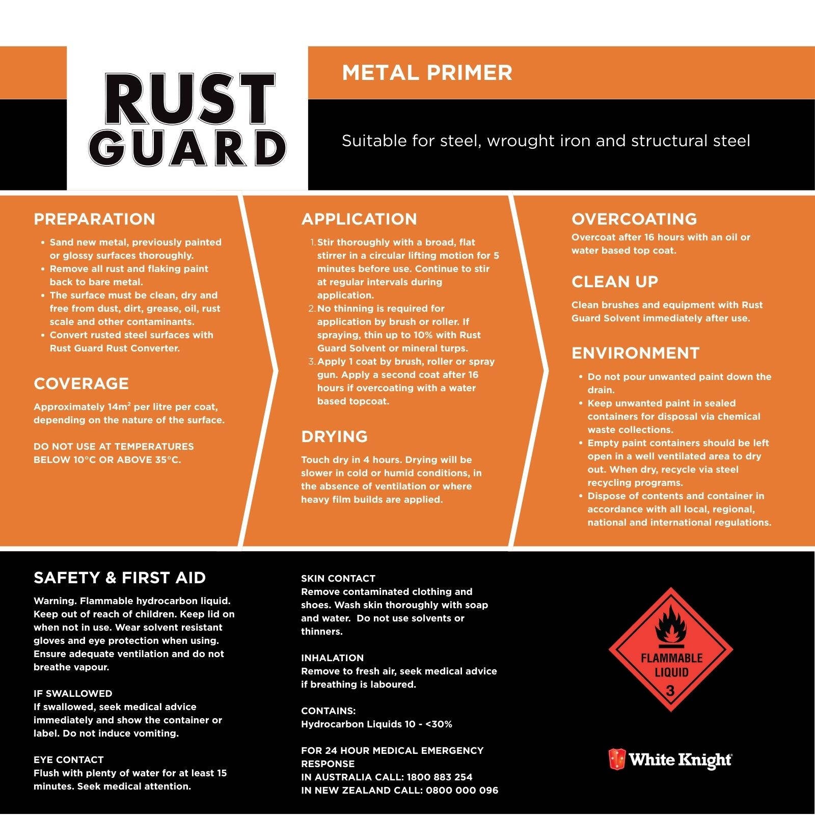 White Knight Rust Guard Metal Primer 1L - Medium Grey Solvent Based Rust-Inhibiting Primer