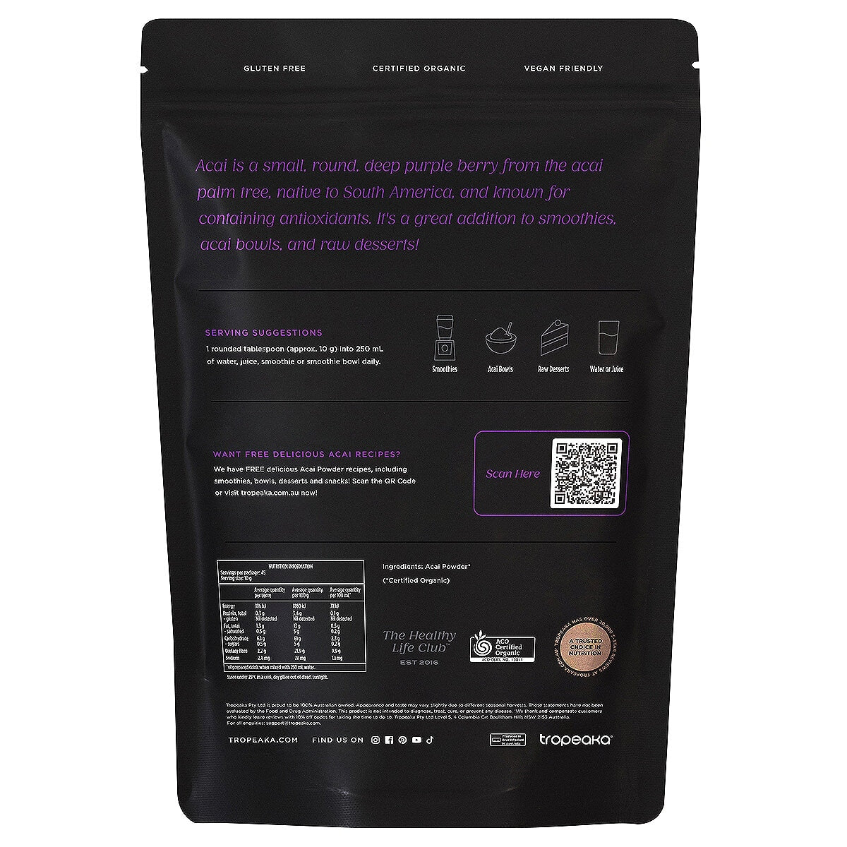 Tropeaka Organic Acai Powder 450g | Antioxidants, 5 Star Health Rating, Gluten Free, Vegan Friendly, Certified Organic - SuperSaverAU - view 2