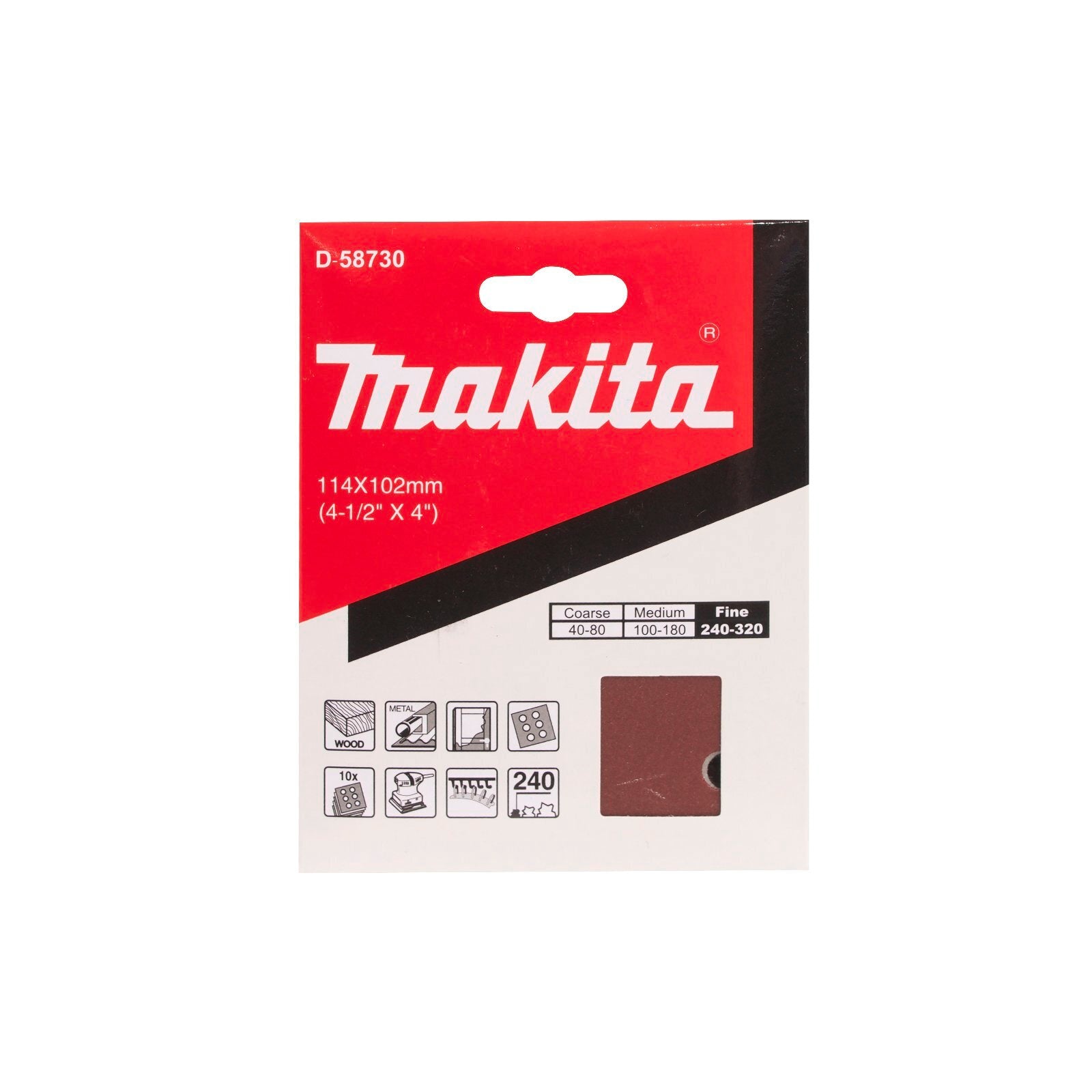 Makita P240 Wood Abrasive Sheet 10 Pack 240 Grit Aluminium Oxide Hook & Loop Square