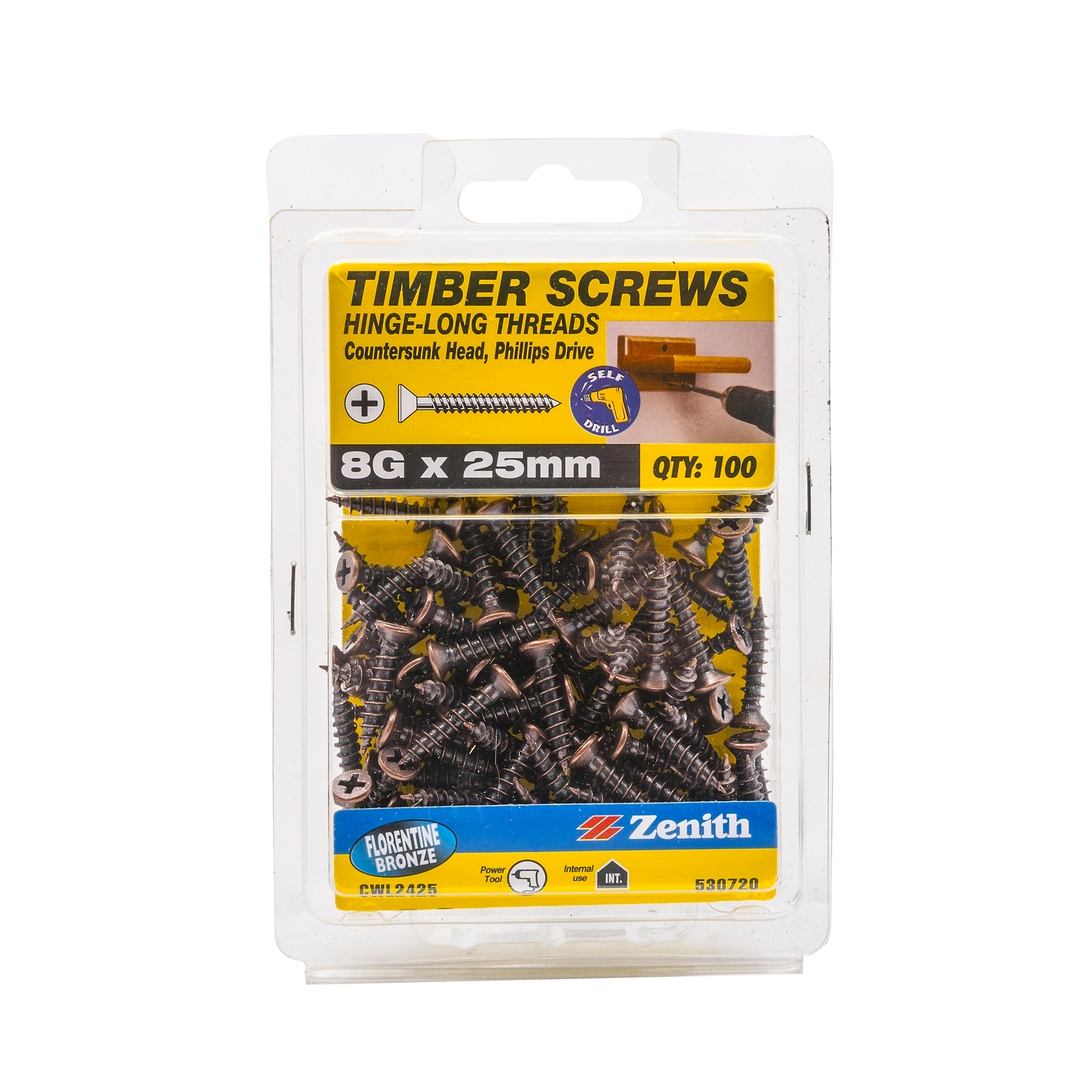 Zenith 8G x 25mm Florentine Bronze Countersunk Hinge Timber Screws 100 Pack