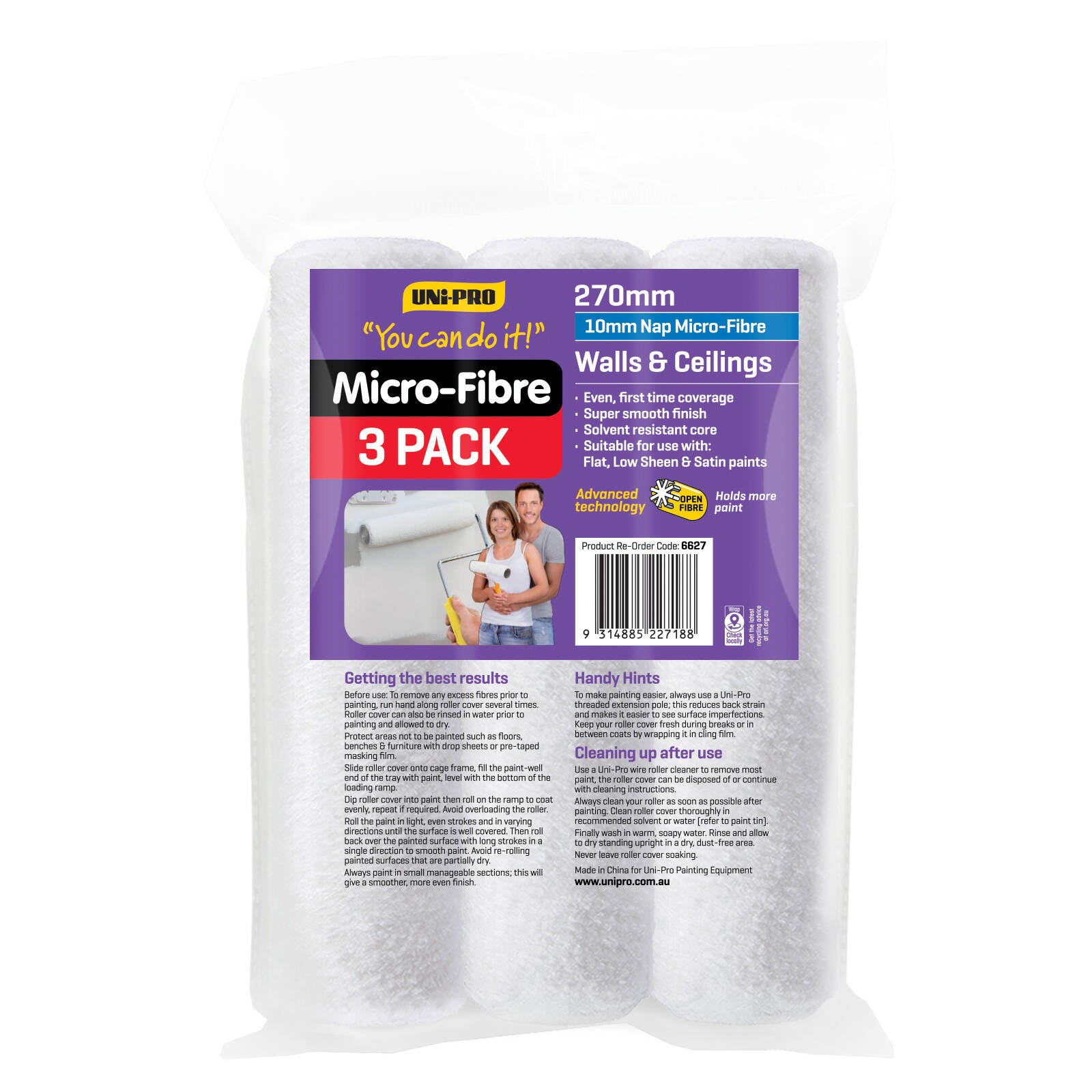 Uni-Pro 270mm 10mm Nap Microfibre Roller Cover 3 Pack