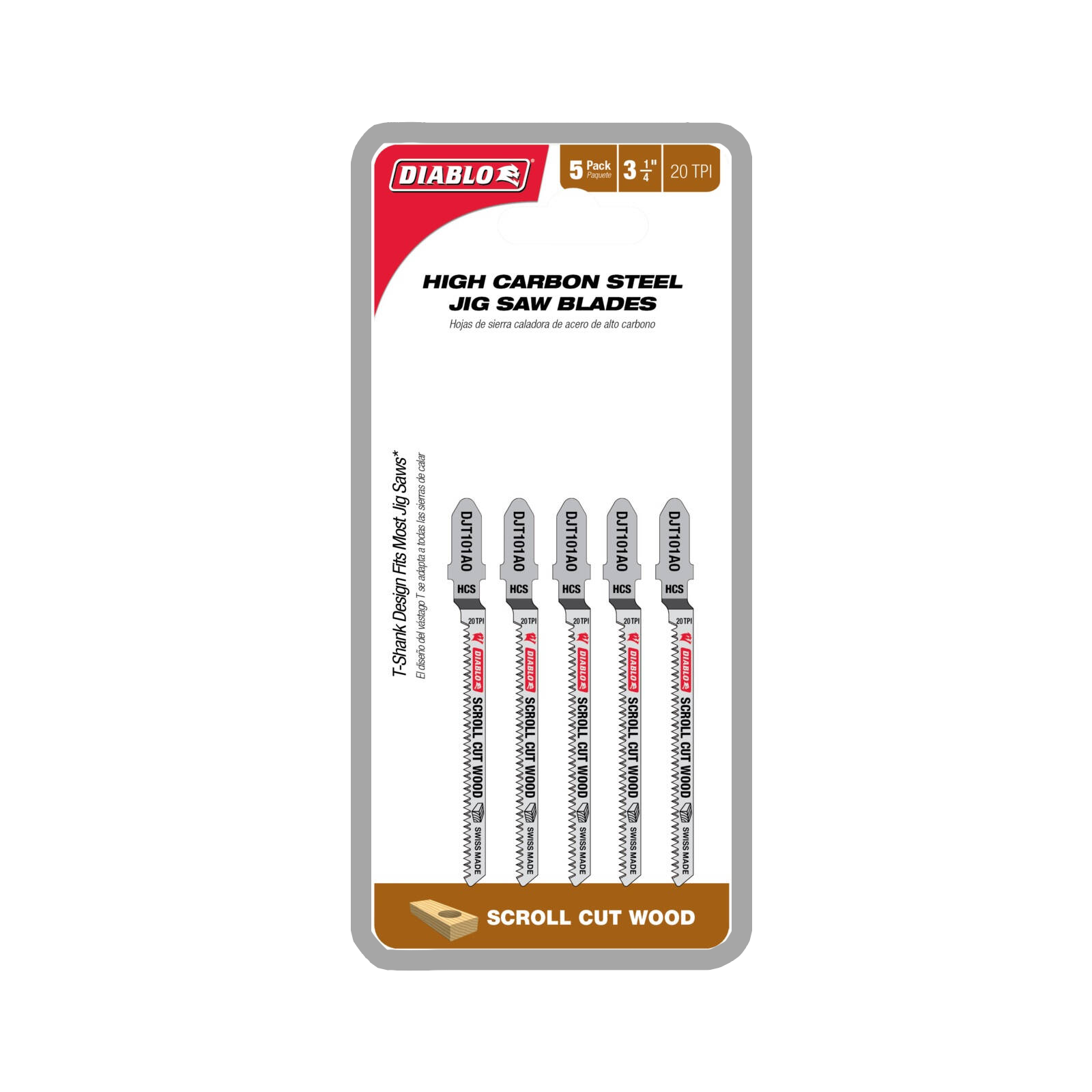 Diablo 83mm High Carbon Steel Jig Saw Blade for Scroll Cutting Wood, 20 TPI, 5 Pack