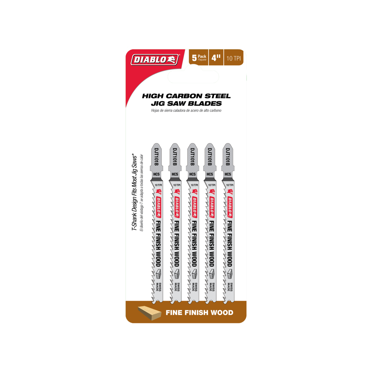 Diablo 100mm High Carbon Steel Jig Saw Blade for Fine Finish Wood Cuts, 10 TPI, 5 Pack