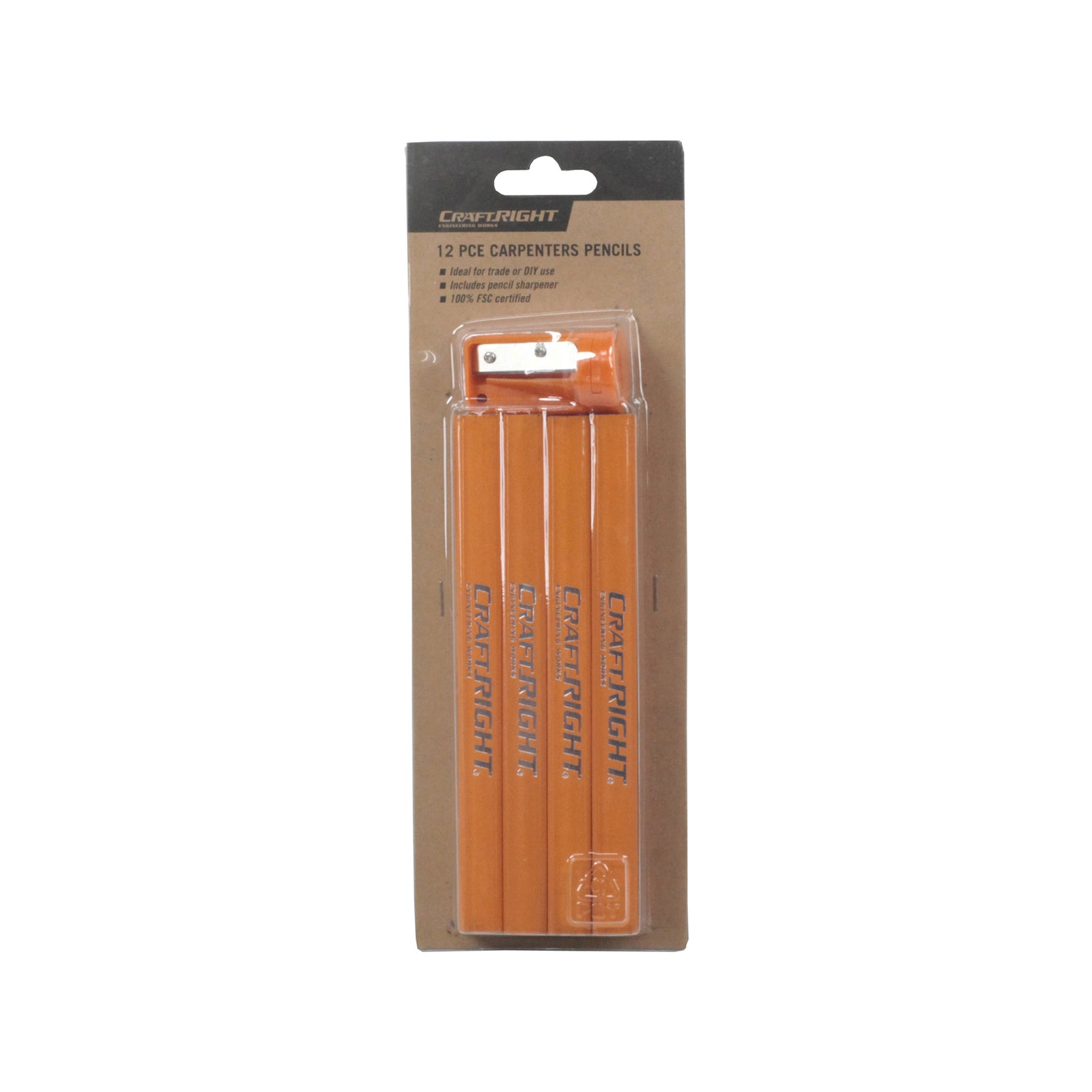 Craftright Carpenters Pencils 12 Pack with Sharpener, Orange Wooden Marking Set