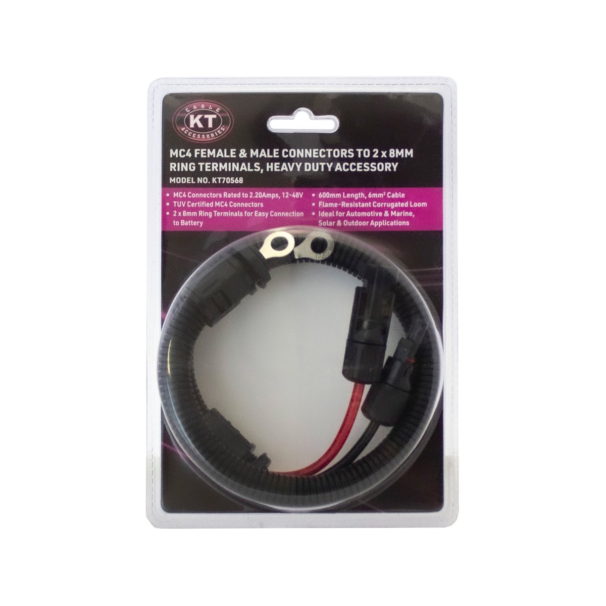 Kt Solar Connector MC4 Plug Socket to 8mm Ring Terminals KT70568 - 600mm - Black - TUV Certified - Durable - SuperSaverAU - view 2