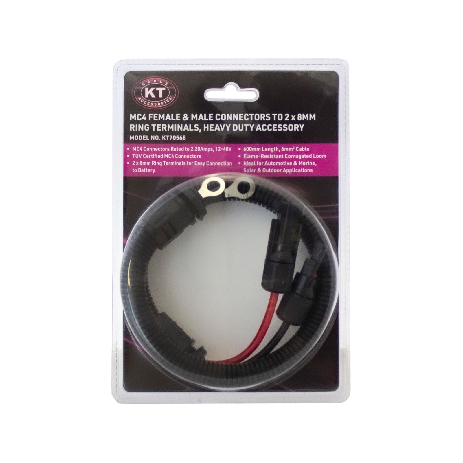 KT Solar MC4 Connector Plug & Socket to 8mm Ring Terminals, Black