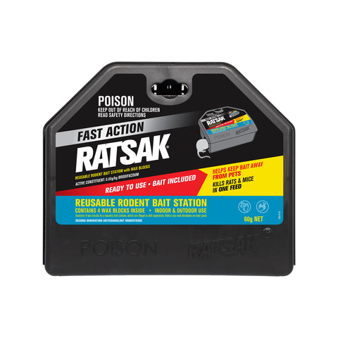 RATSAK Fast Action Reusable Rodent Bait Station with 4 Wax Blocks, Lockable, Indoor & Outdoor