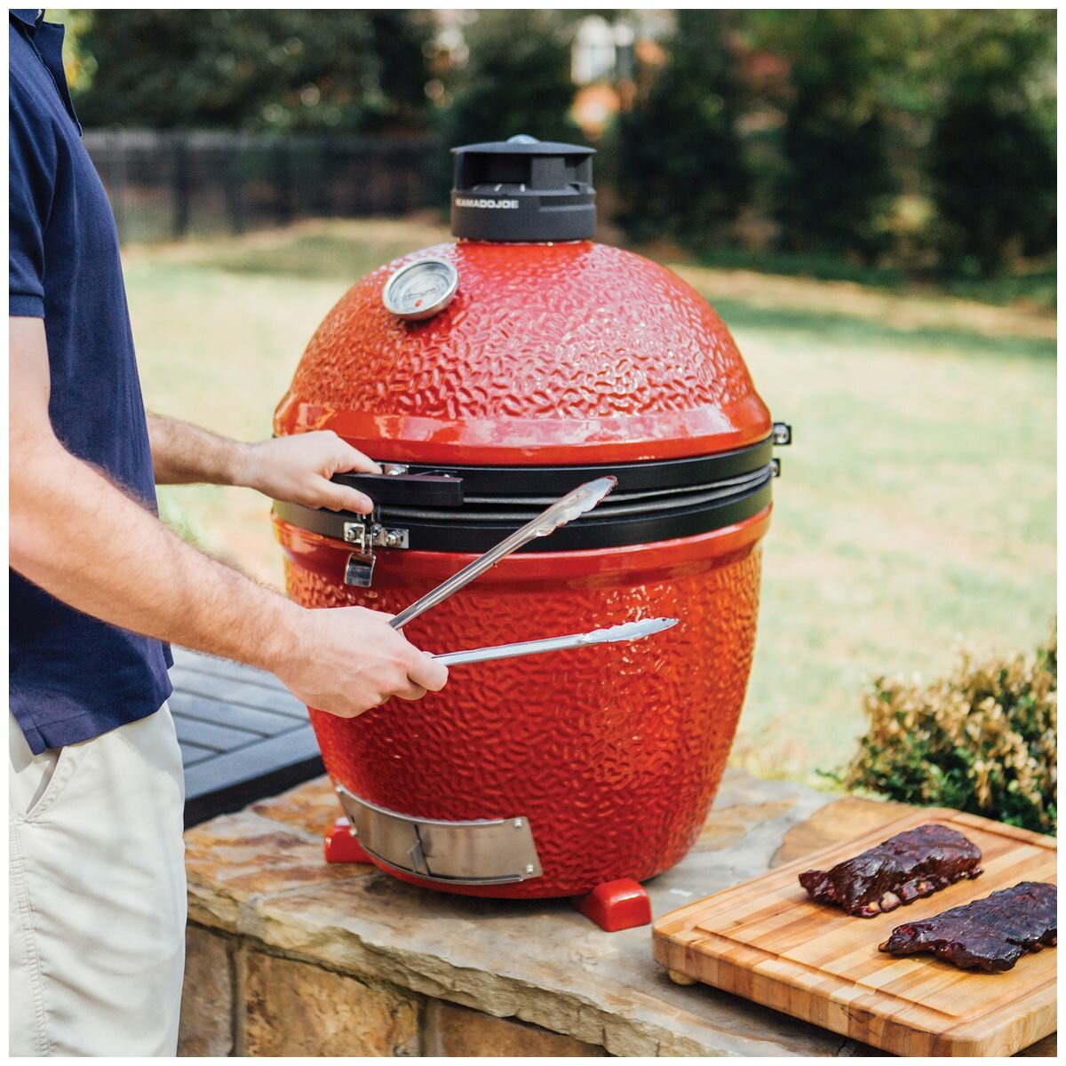 Kamado Joe Classic II Stand-Alone Kamado Grill - Red, Built-In Ready, Air Lift Hinge - KJ23NRHC