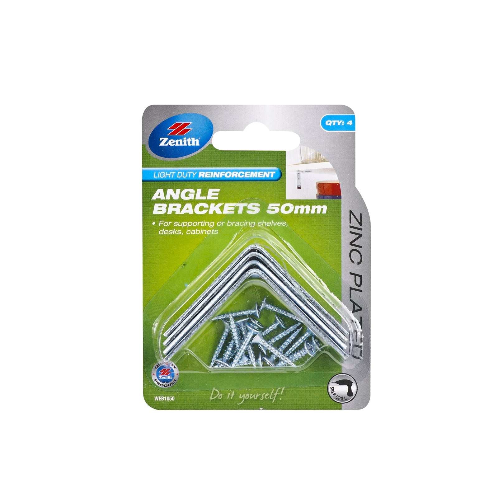 Zenith 50mm Zinc Plated Steel Angle Brackets, 4 Pack with Screws for Shelves and Cabinets