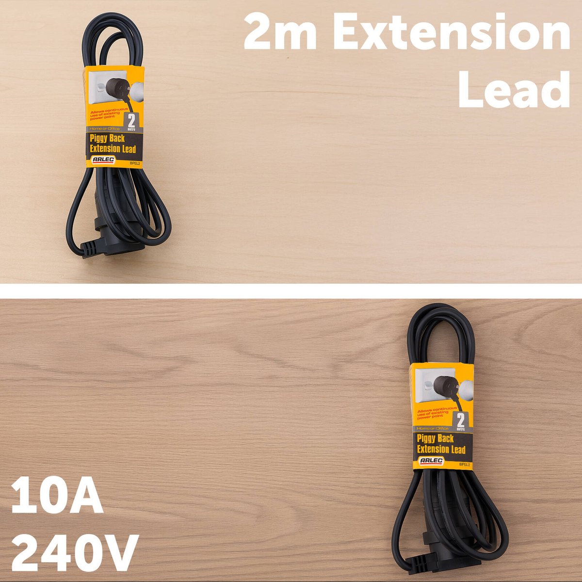 Arlec 2m Piggyback Extension Lead, 10A 2400W, Double Outlet, Indoor/Outdoor, Black