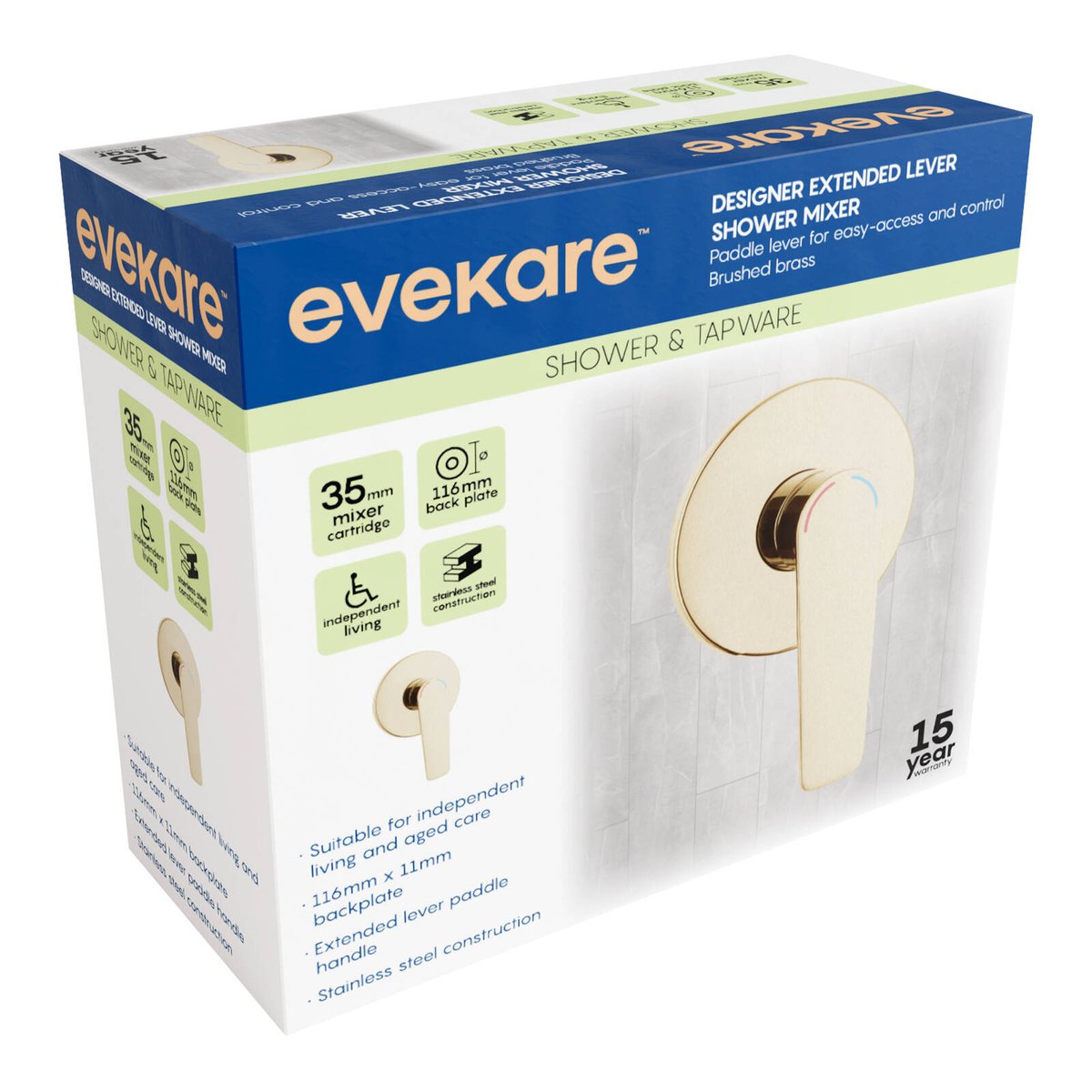 Evekare 35mm Brushed Brass Extended Lever Shower Mixer