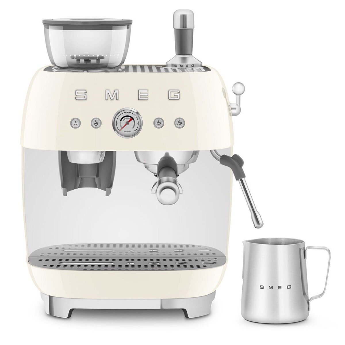 Smeg 50s Style Espresso Machine with Built-in Grinder - 20 Bar, Dual Thermoblock, Cream - EGF03CRAU