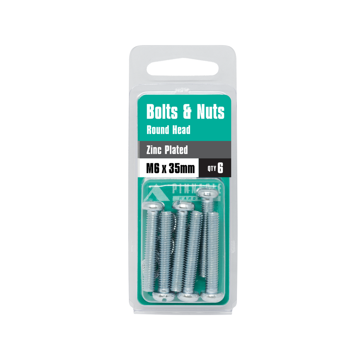 Pinnacle M6 x 35mm Zinc Plated Round Head Bolts and Nuts - 6 Pack
