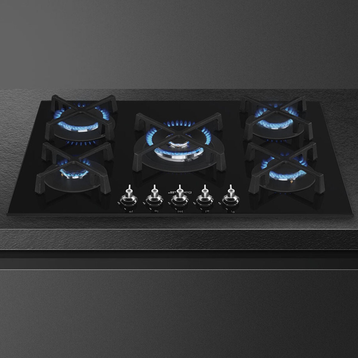 Smeg 72cm 5 Burner Gas on Glass Cooktop - Black Tempered Glass - Wok Burner - PV375NAU