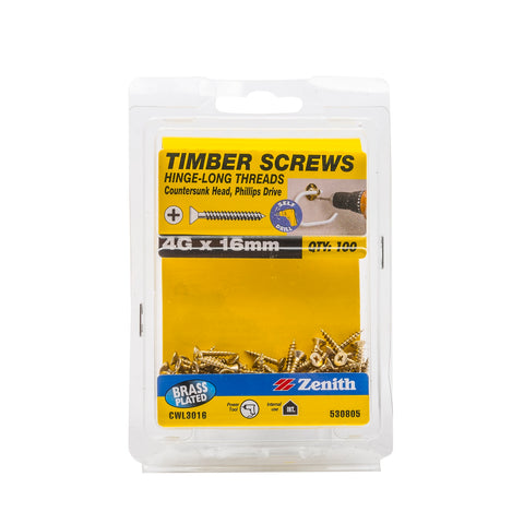 Zenith 4G x 16mm Brass Plated Countersunk Hinge Timber Screws 100 Pack