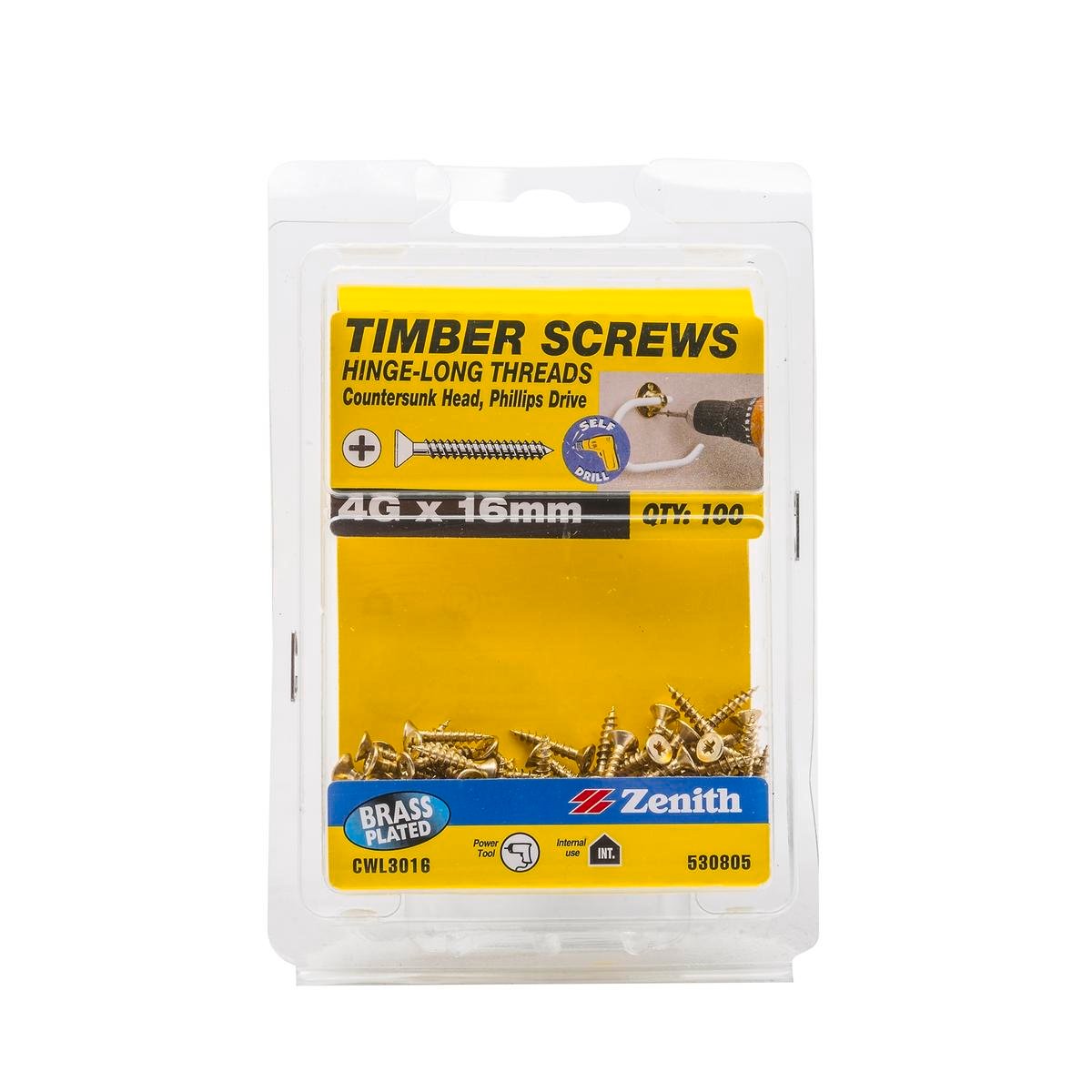 Zenith 4G x 16mm Brass Plated Countersunk Hinge Timber Screws 100 Pack