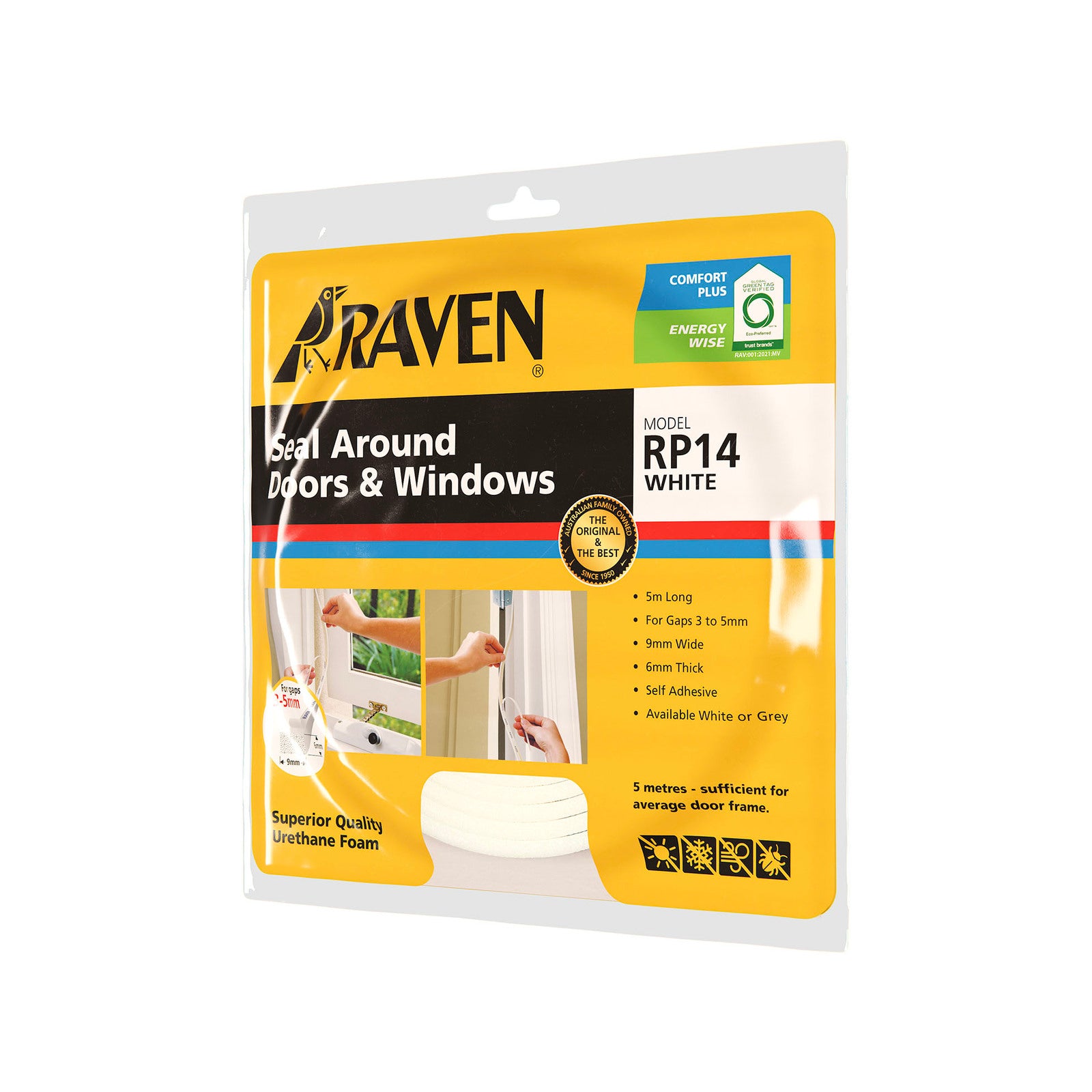 Raven 5000mm White RP14 Polyester Foam Self Adhesive Weather Strip