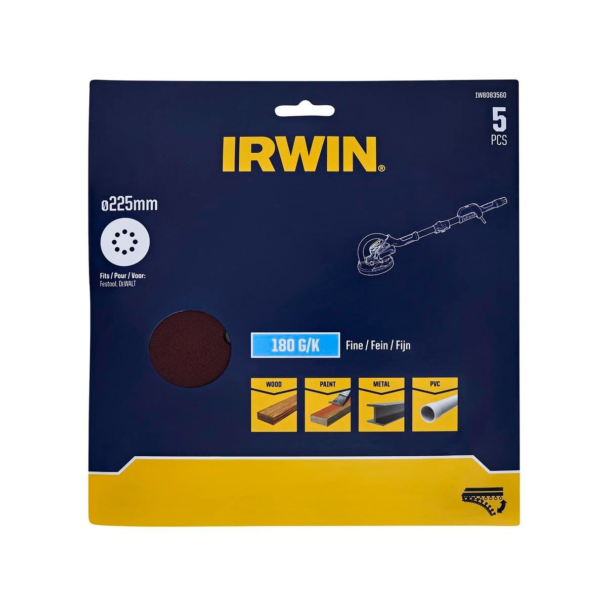 Irwin 225mm 180 Grit 8-Hole Quick Fit Drywall Sanding Discs - 5 Pack