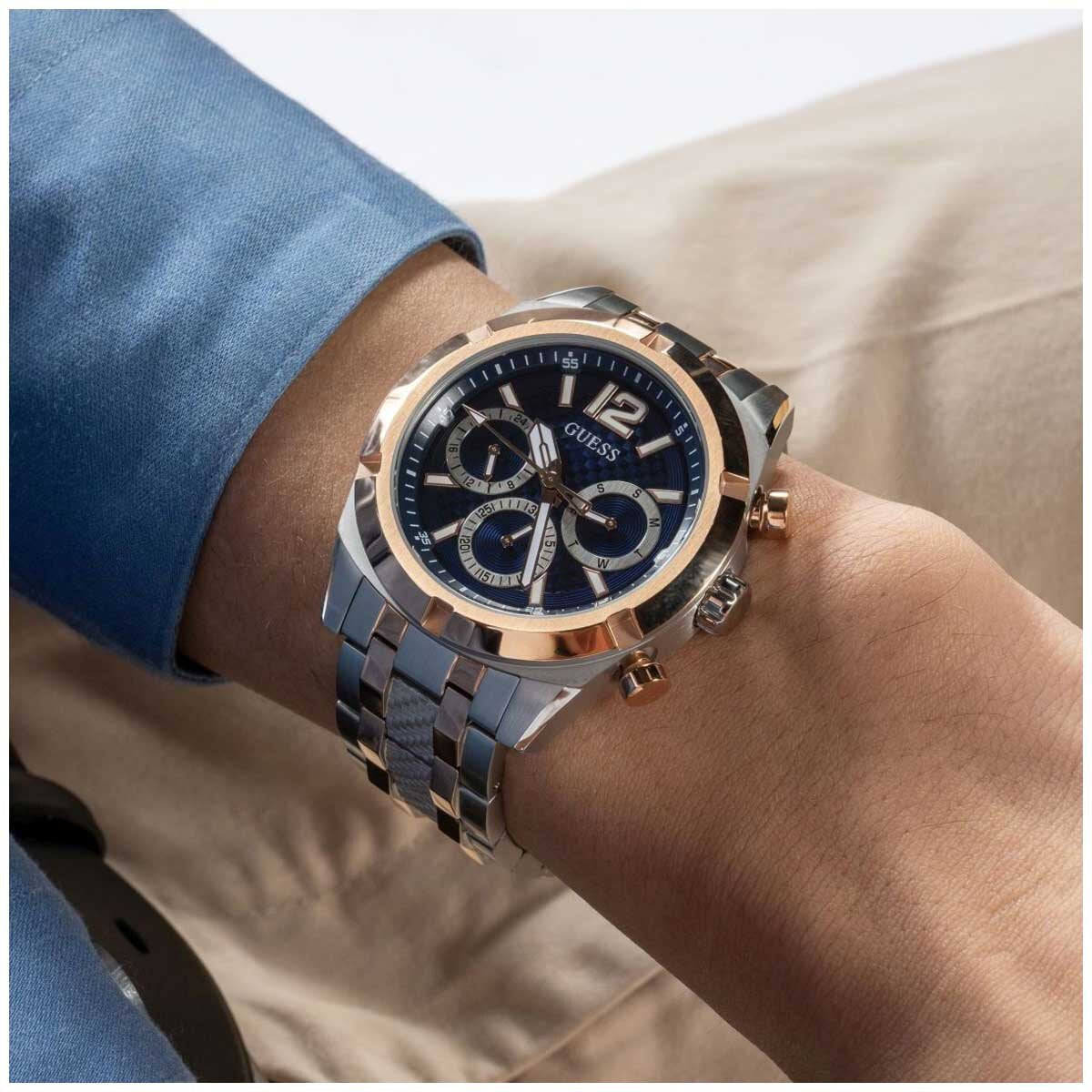 GUESS Resistance Two Tone Men's Watch GW0714G3 Blue & Rose Gold Multifunction Dial 44mm Silver Case - SuperSaverAU - view 7