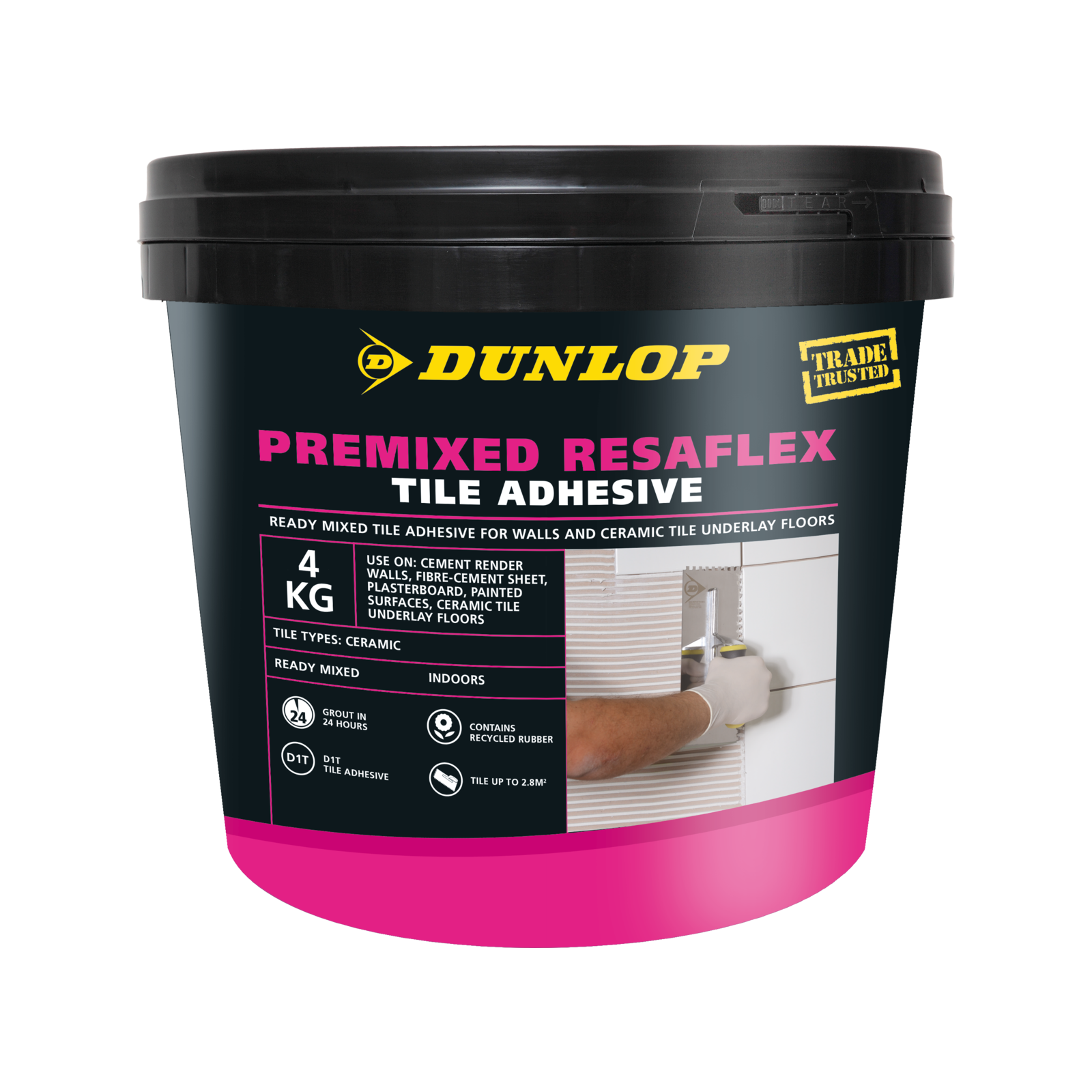 Dunlop 4kg Grey Premixed Resaflex Tile Adhesive, Flexible, Indoor Wall & Floor