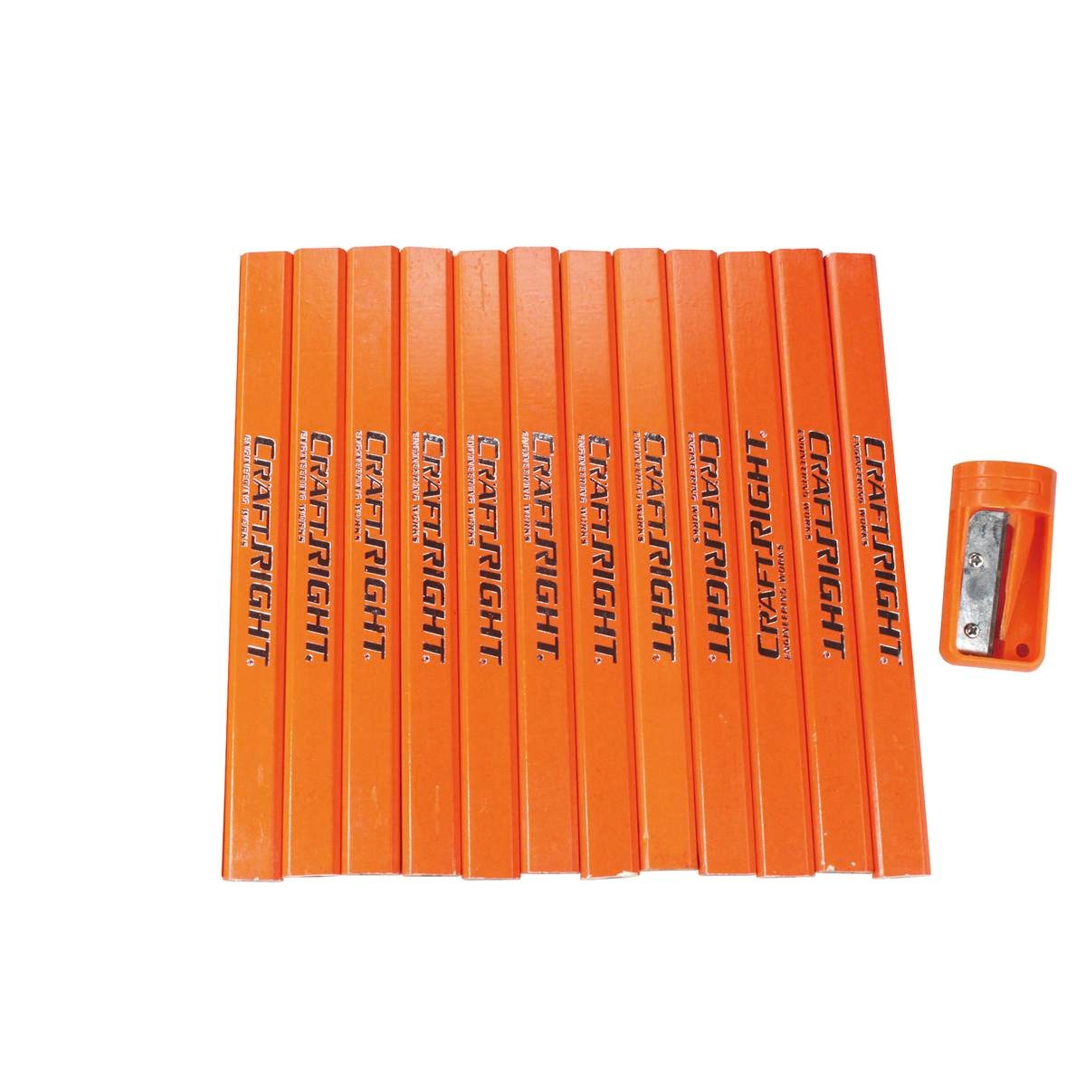 Craftright Carpenters Pencils 12 Pack with Sharpener, Orange Wooden Marking Set