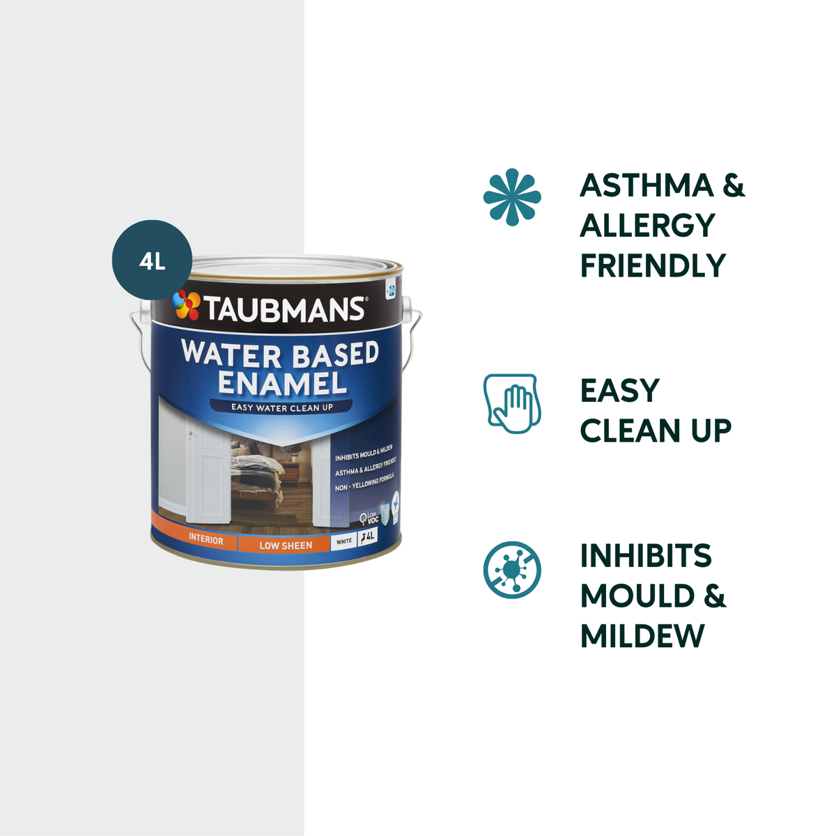 Taubmans 4L White Low Sheen Water Based Enamel Paint - 4L - Mould Resistant - SuperSaverAU - view 2