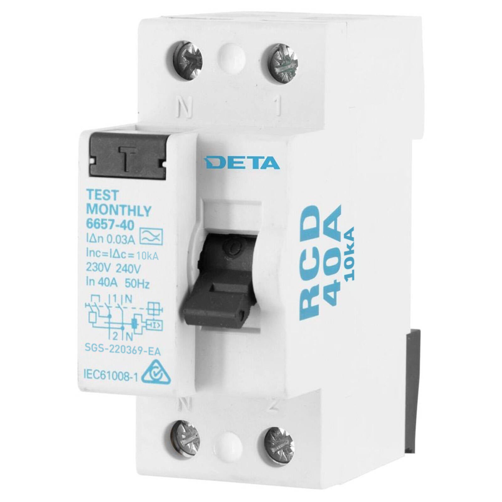 DETA 40A 2 Pole RCD 240V DIN Rail Light Grey 6657-40B