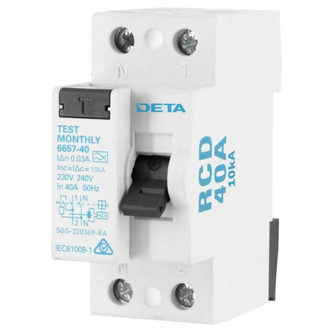 DETA 40A 2 Pole RCD 240V DIN Rail Light Grey 6657-40B