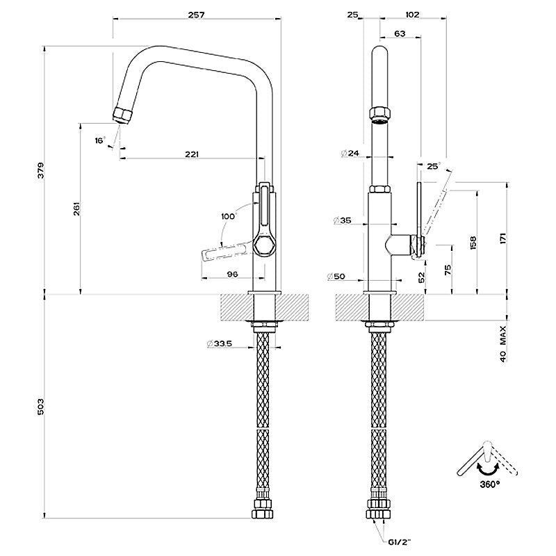 Gessi Kitchen Mixer Tap - Brushed Nickel, 360 Degree Swivel Spout, 4 Star WELS - 60051BN