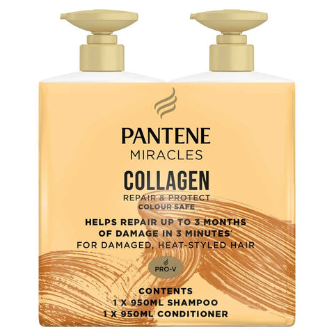 Pantene Miracles Collagen Shampoo And Conditioner 2 x 950ml - Silicone Free Pro-V Formula with Collagen for Strong, Shiny Hair - SuperSaverAU - view 1
