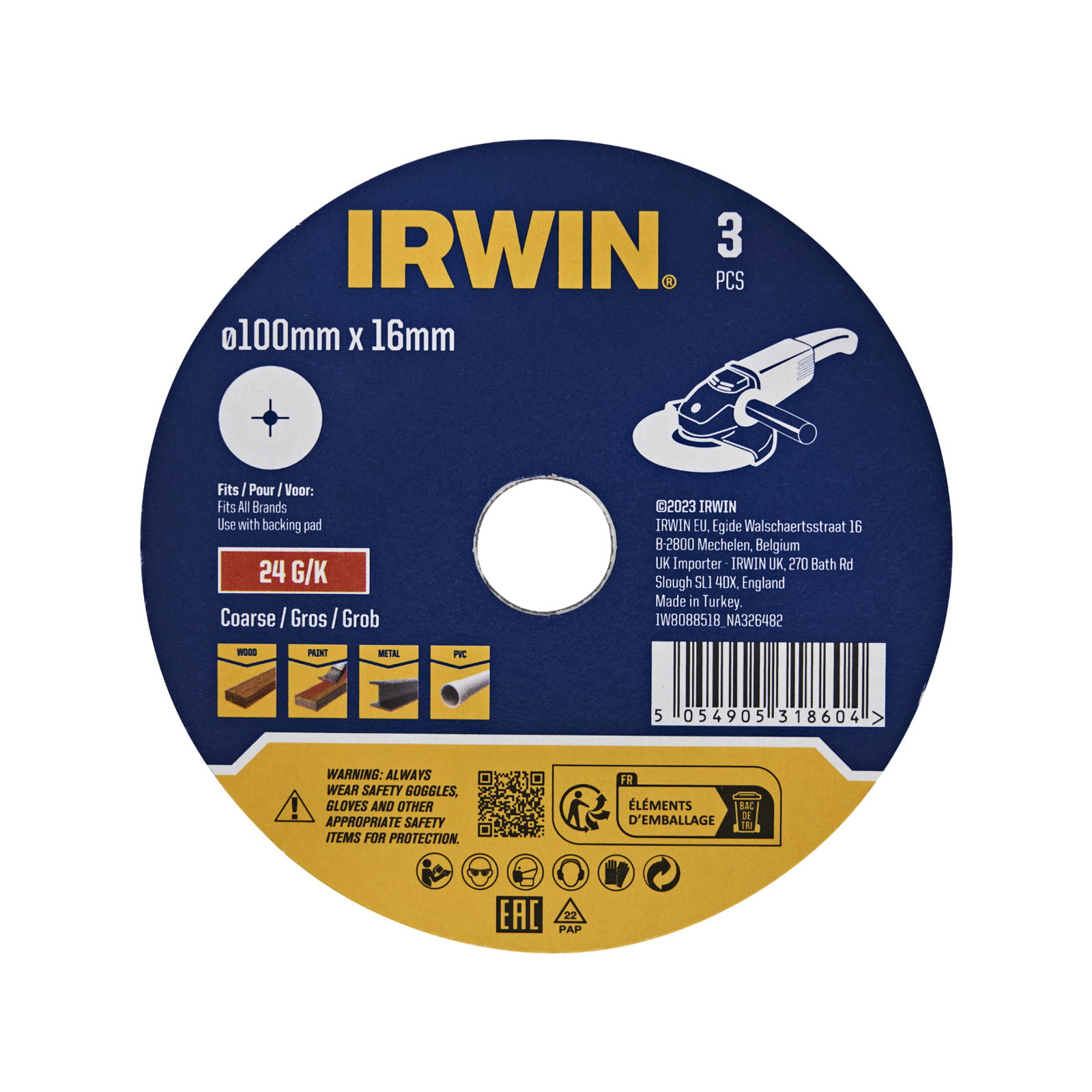 Irwin 100 x 16mm 24 Grit Fibre Discs, 3 Pack for Fast Stock Removal