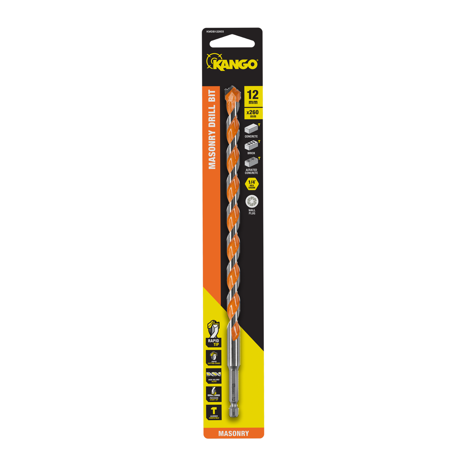 Kango 12 x 260mm Masonry Drill Bit, 1/4" Hex for Concrete & Brick