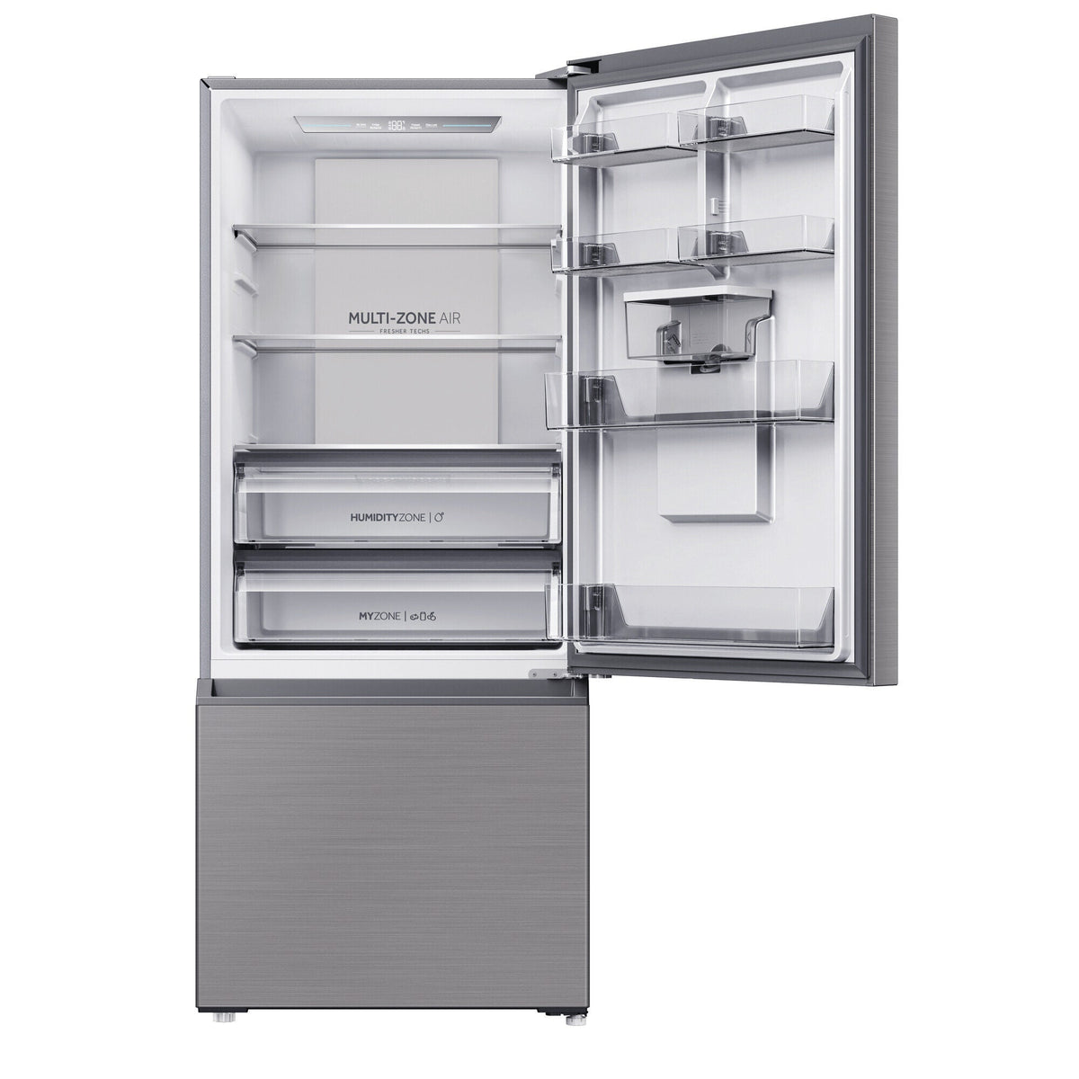 Haier 431L Bottom Mount Fridge - Non-Plumbed Water Dispenser, Satina Silver, Reversible Door - HRF420BHS