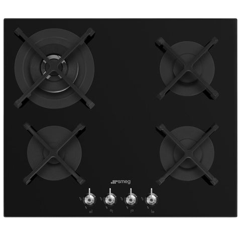Smeg 60cm 4 Burner Gas on Glass Cooktop - Black Tempered Glass - Wok Burner - PV364NAU
