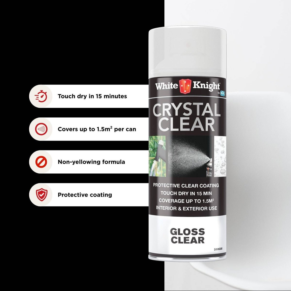 White Knight Crystal Clear 310g Gloss Acrylic Spray Paint - Solvent Based, Indoor & Outdoor