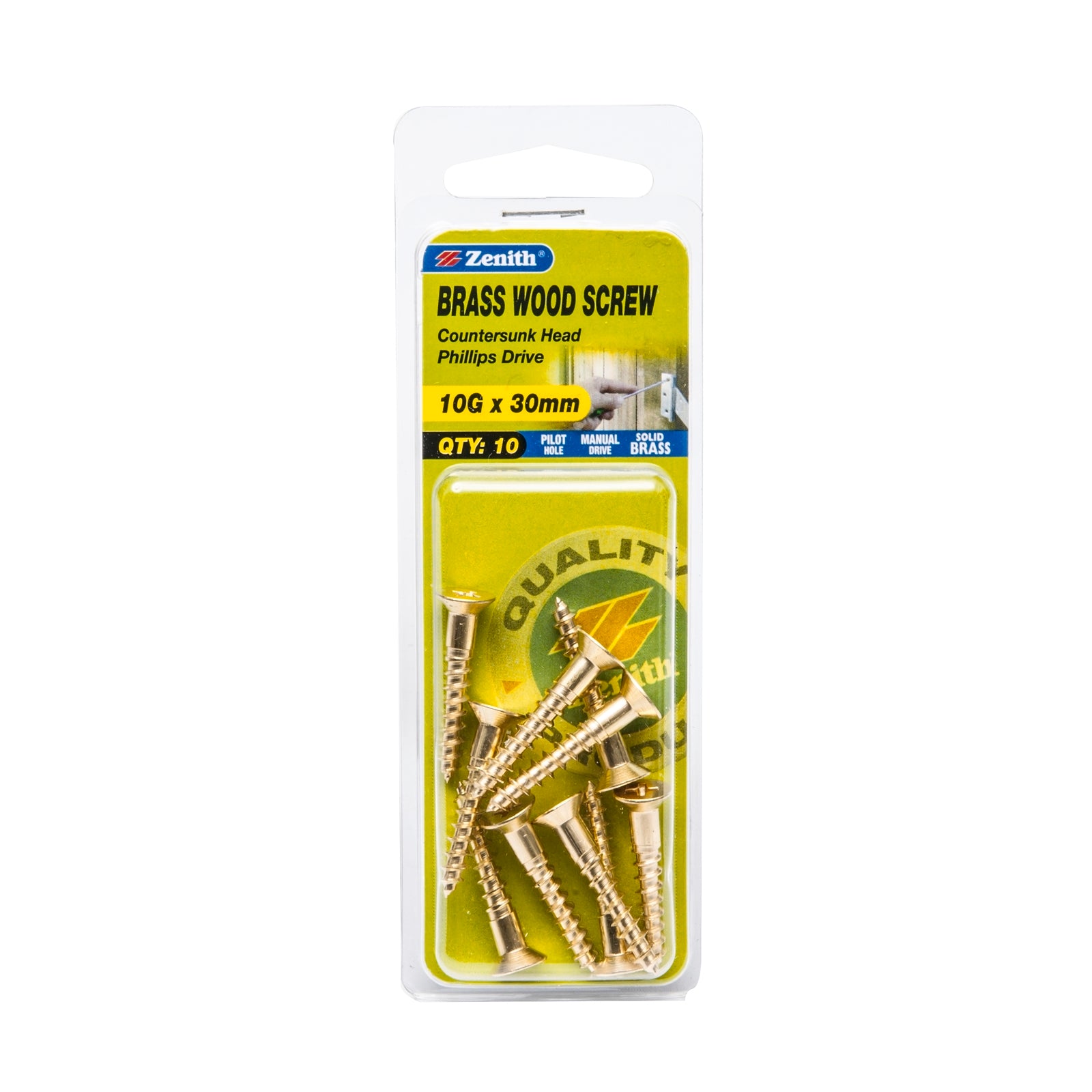 Zenith 10G x 30mm Solid Brass Countersunk Head Wood Screws, Needle Point, 10 Pack