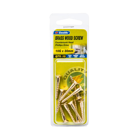 Zenith 10G x 30mm Solid Brass Countersunk Head Wood Screws, Needle Point, 10 Pack