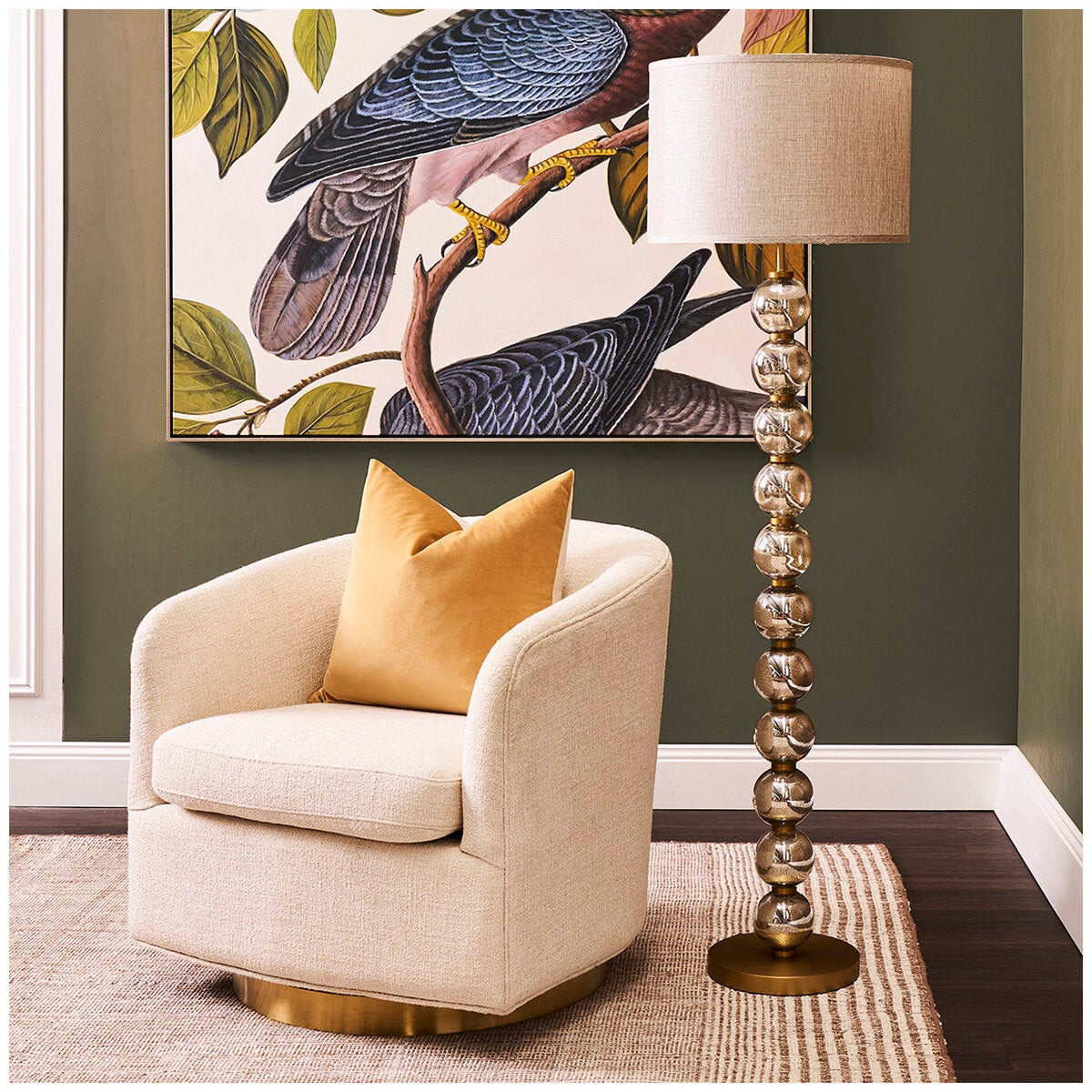 Cafe Lighting and Living Evie Standing Lamp Gold Drum Shade Mercury Glass Baubles