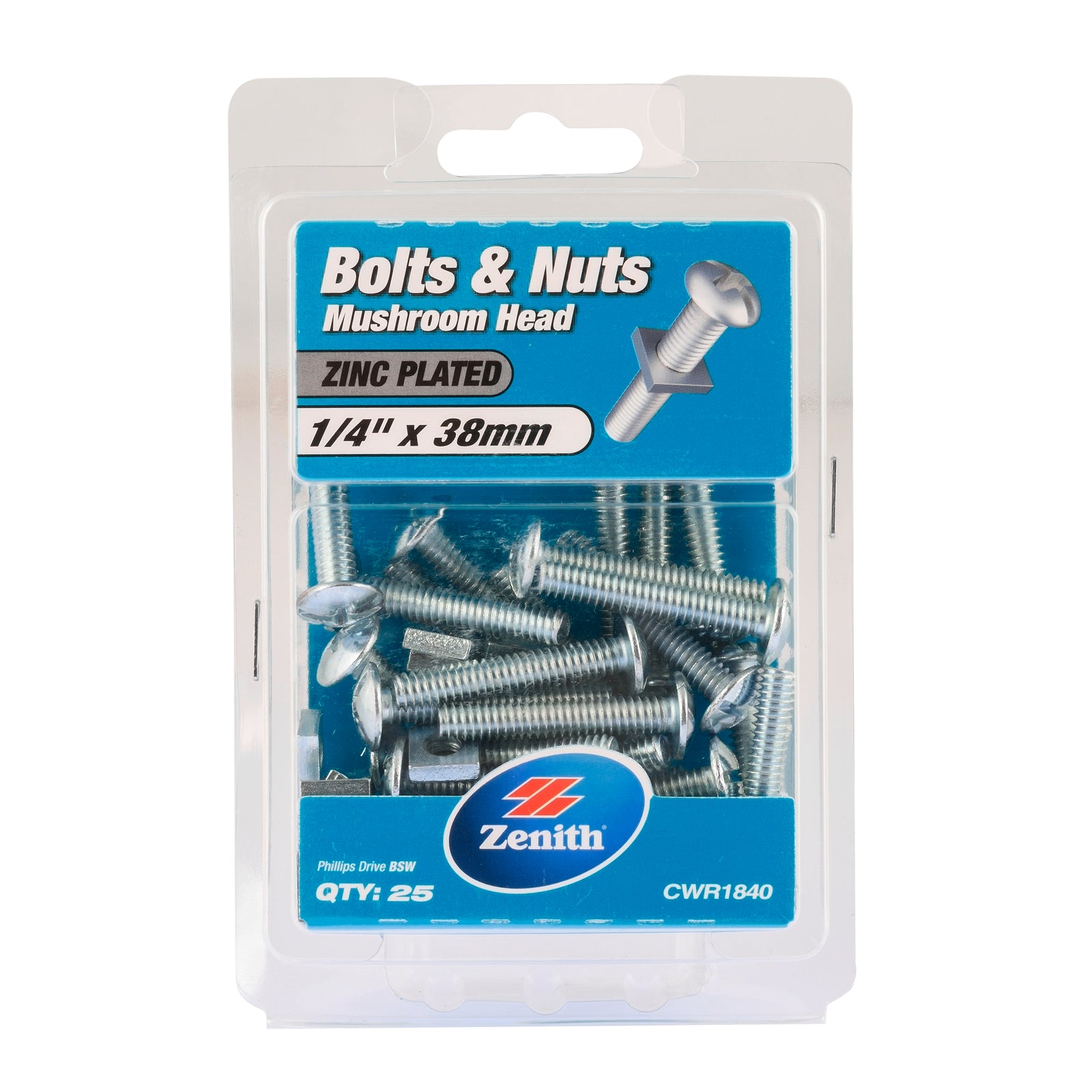 Zenith 1/4" x 38mm Zinc Plated Mushroom Head Bolt and Nut - 25 Pack