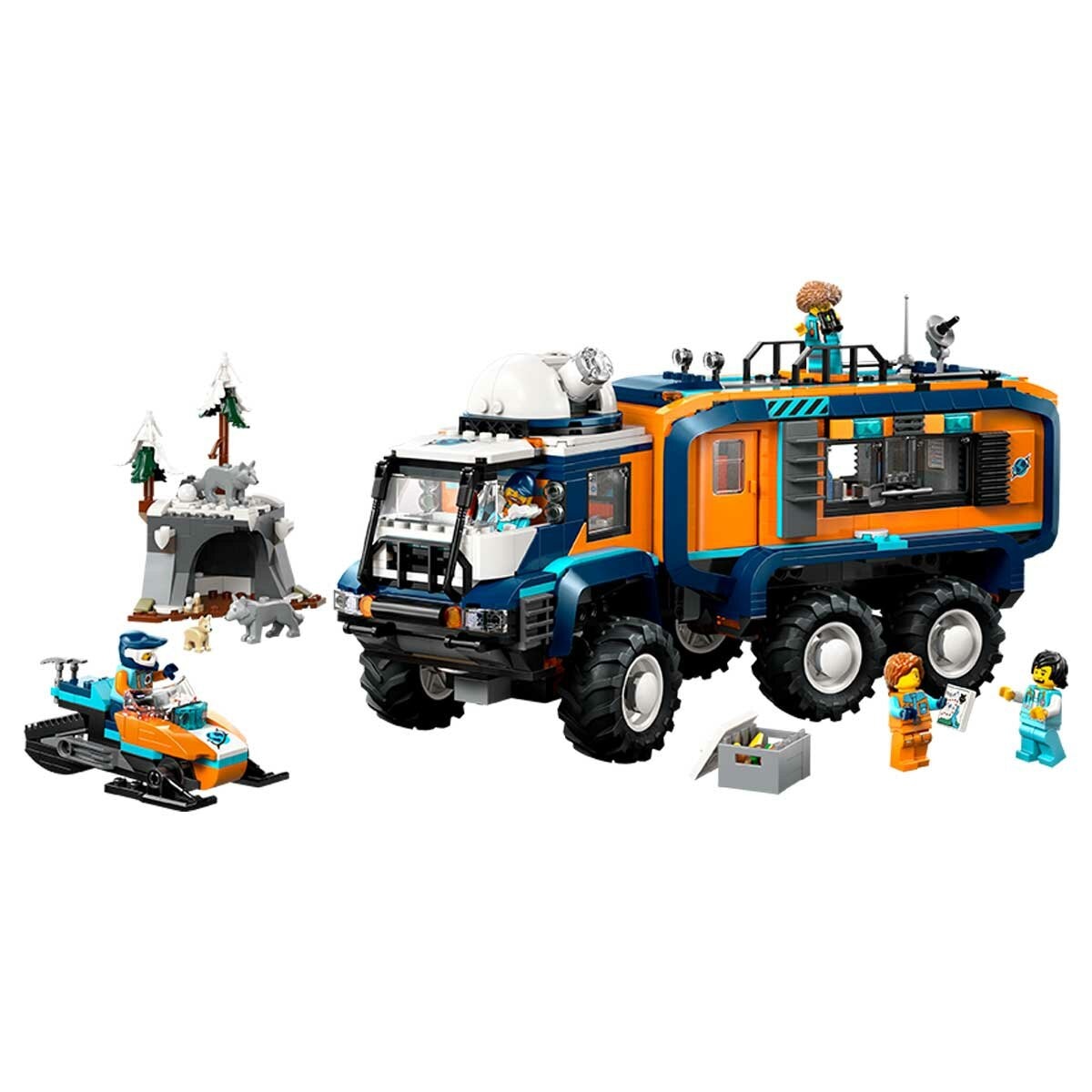 LEGO City Arctic Explorer Science Lab Truck 60471 with 6 Wheel Suspension, Rotating Rooftop Observatory, 5 Explorer Minifigures, 3 Arctic Wolf Figures, 1,064 Pieces - SuperSaverAU - view 2