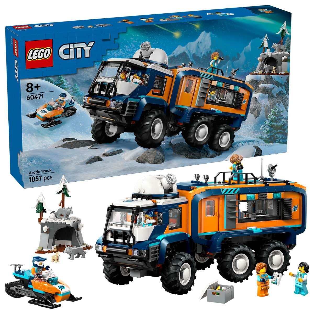 LEGO City Arctic Explorer Science Lab Truck 60471 with 6 Wheel Suspension, Rotating Rooftop Observatory, 5 Explorer Minifigures, 3 Arctic Wolf Figures, 1,064 Pieces - SuperSaverAU - view 1