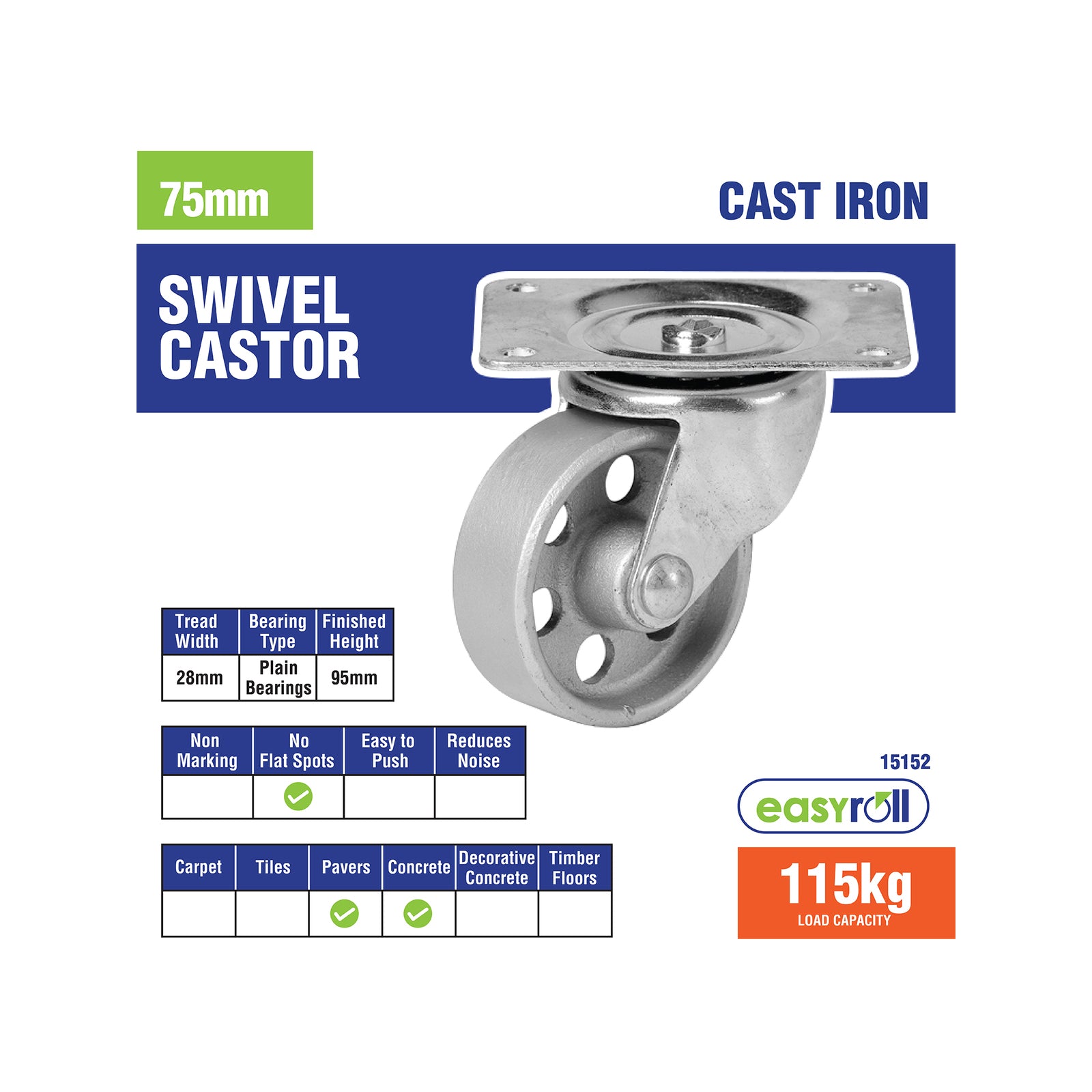 Easyroll 75mm Silver Cast Iron Swivel Plate Castor 115kg Indoor
