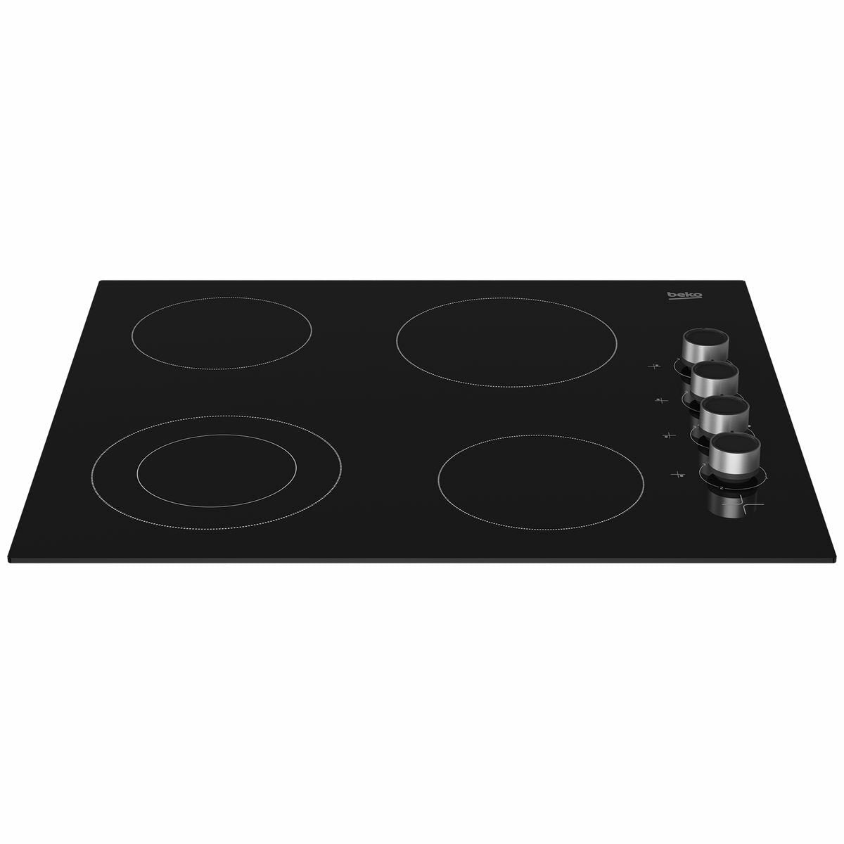 Beko 60cm Vitroceramic Cooktop - Black Glass, 4 Zones, Side Control Knobs, Frameless - BCT601CG