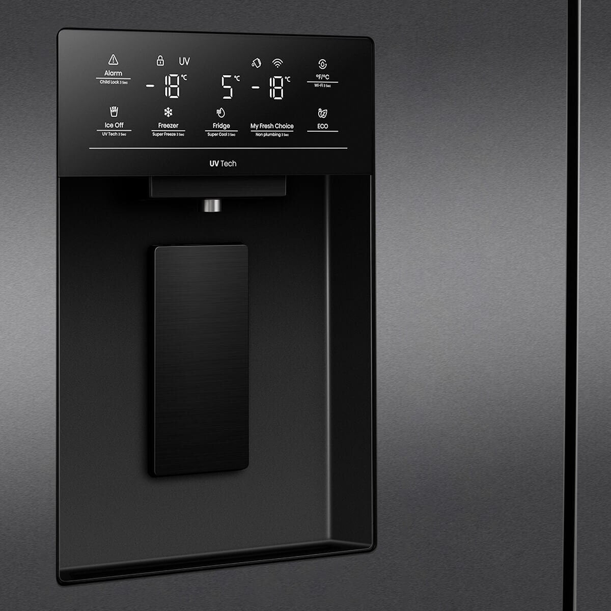 Hisense 640L Quad Door Fridge - Dark Stainless Steel - Non-Plumbed Ice and Water Dispenser - HRCD640TBW