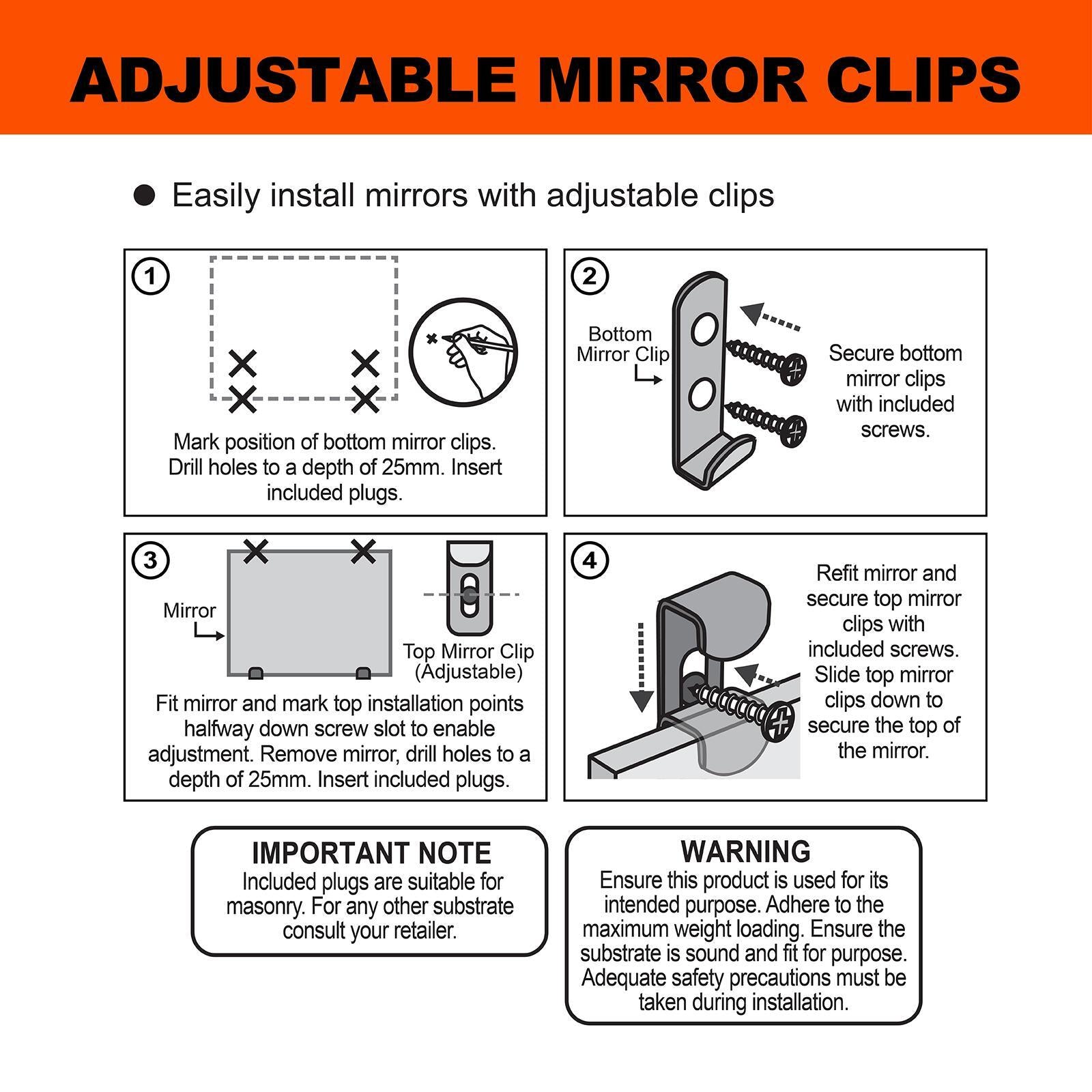 Everhang 11kg Low Profile Mirror Clip Set, Nickel Plated Steel