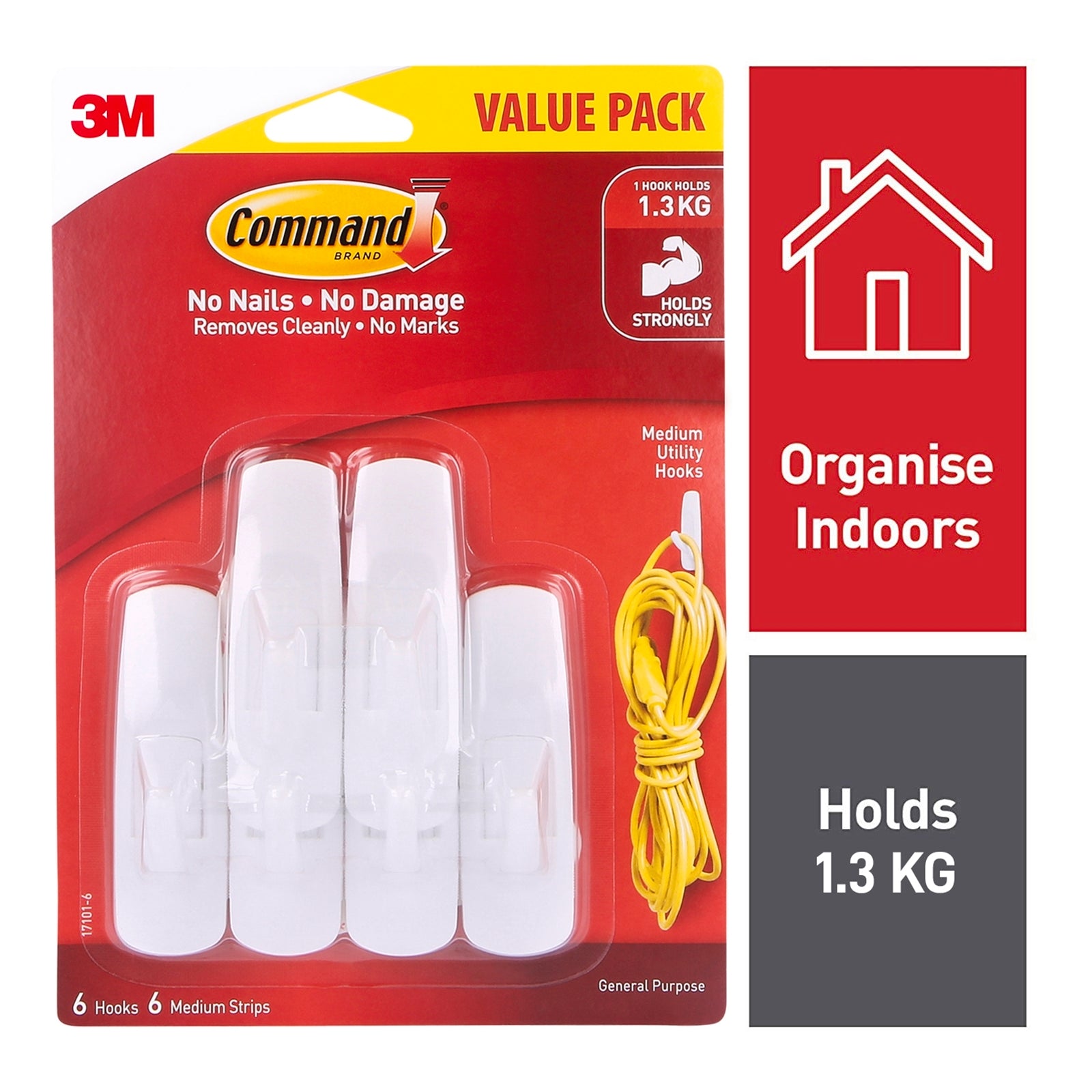Command Medium White Plastic Adhesive Wall Hooks 6 Pack 1.3kg