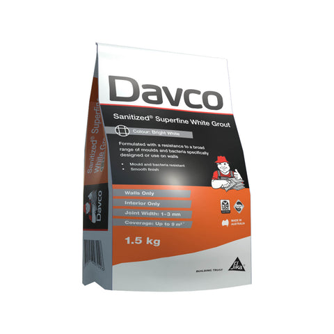 Davco 1.5kg Bright White Superfine Sanitized Grout - Cement Based, Mould Resistant, Wall