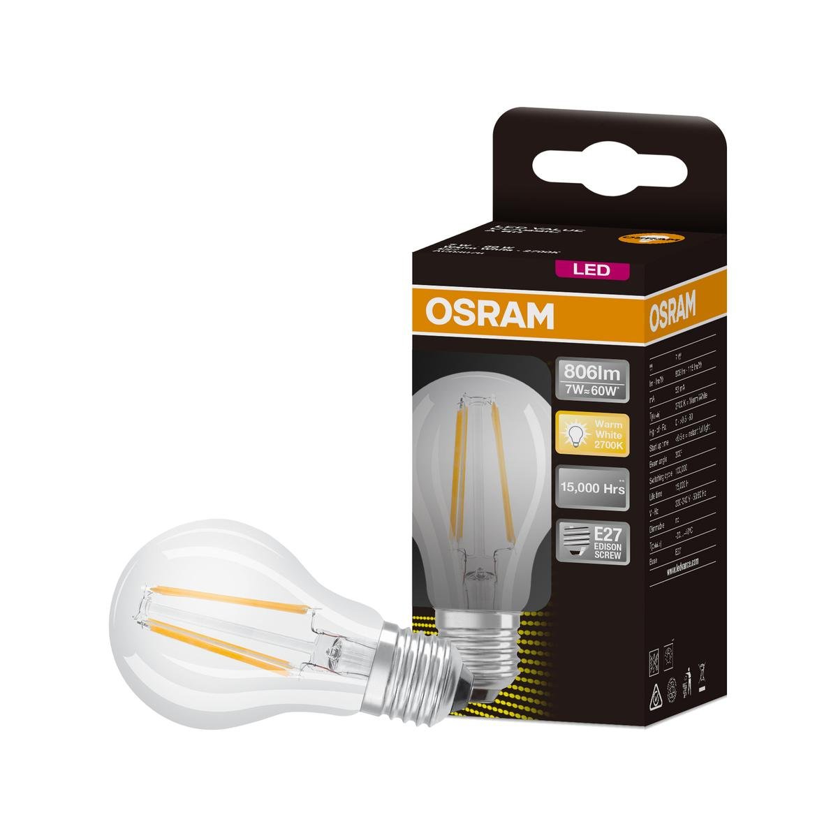 Osram 7W A Shape Filament LED Light Globe E27 806lm Warm White 3000K - SuperSaverAU - view 1