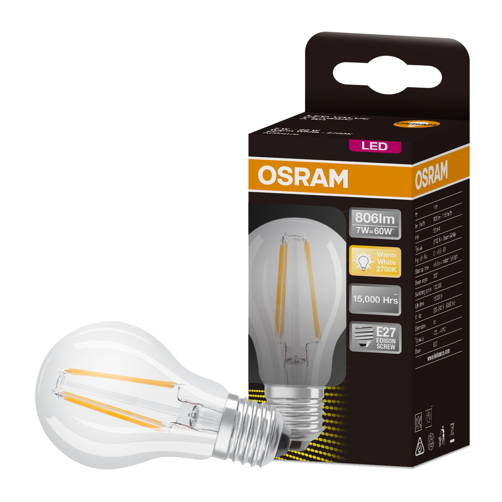 Osram A Shape Filament LED Globe E27 806lm Warm White 7W