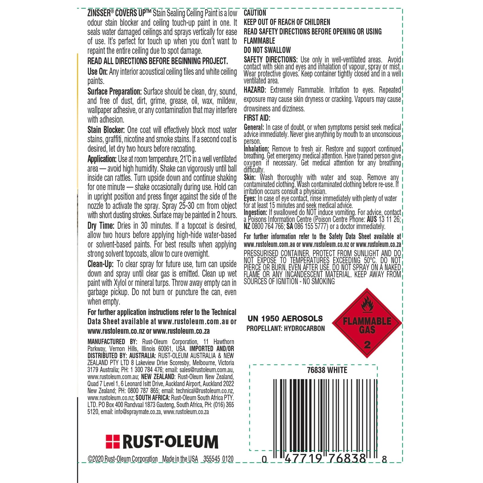 Zinsser Covers Up Oil-Based Stain-Sealing Ceiling Paint Aerosol White 369g